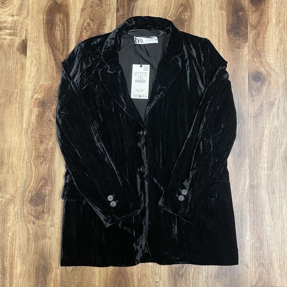 ZARA WOMAN BLACK VELVET MENSWEAR STYLE BLAZER ZW COLLECTION SIZE M